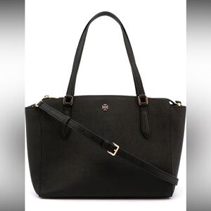 TORY BURCH Saffiano Leather Black Emerson Top Zip Satchel Tote Purse Like New